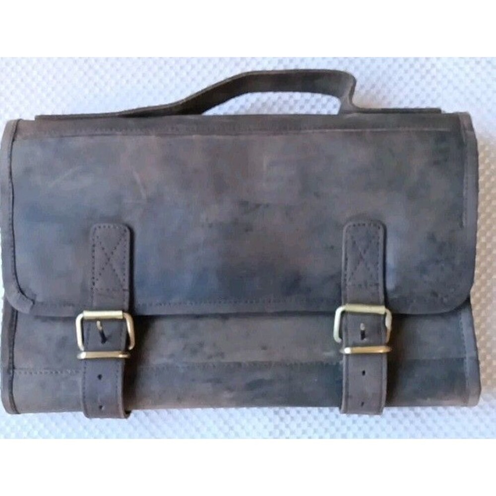 KomalC ~ Buffalo Brown Leather Hanging Toiletry Bag Dopp Kit Travel ~ 12" x 8"
